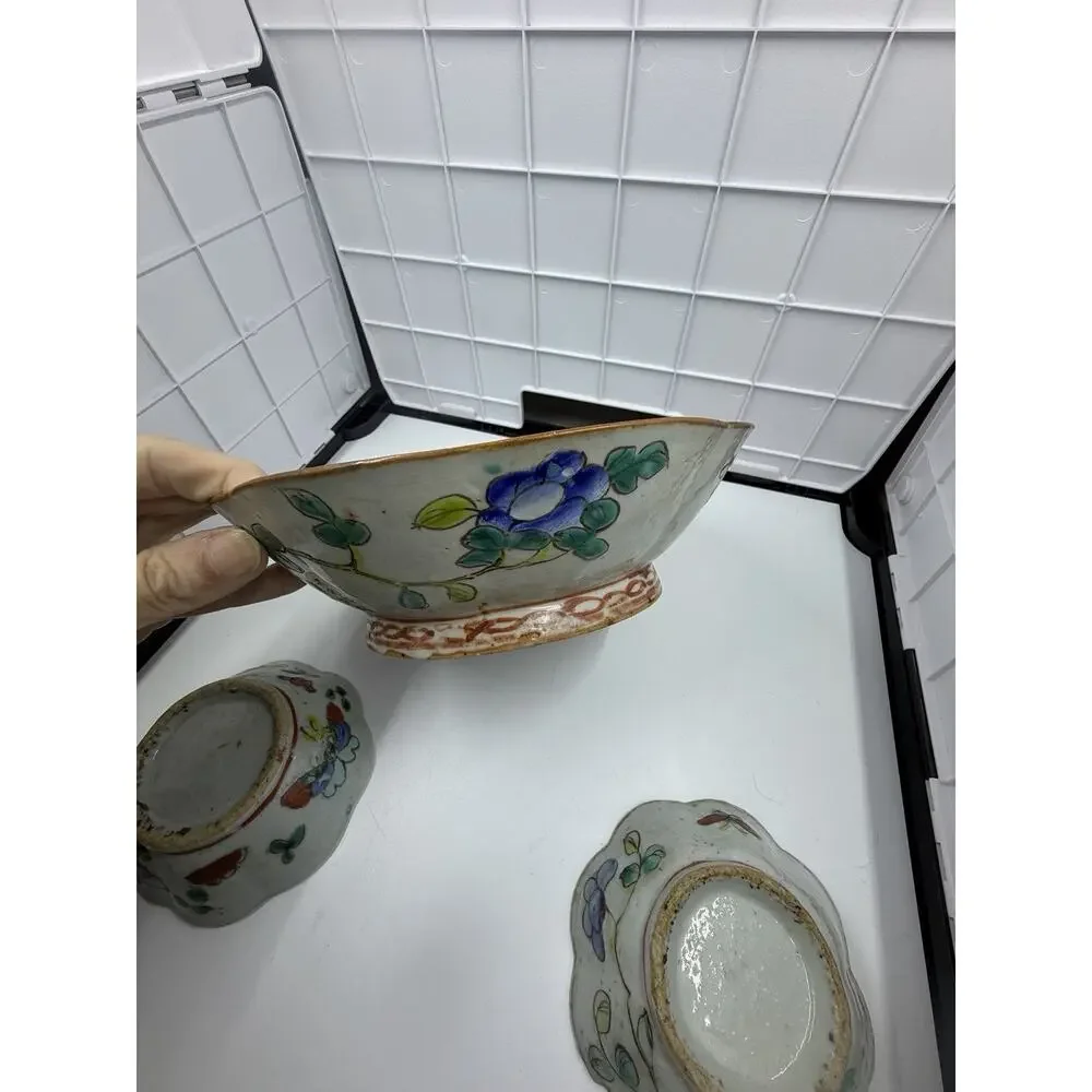 3 Antique Chinese Famille Rose Porcelain Bowl & Scalloped Dishes Set Turquoise